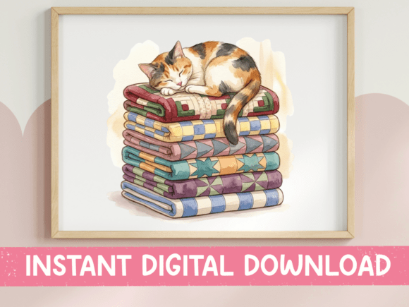 Calico Cat Sleeping on Quilts