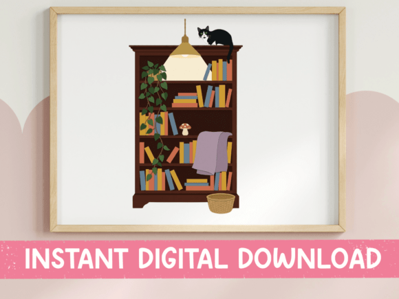 Cat on Bookshelf with Plants Art