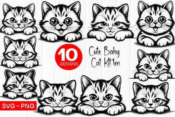 Cute Baby Cat Faces Outline Drawing SVG