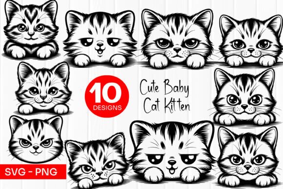 Cute Baby Kitten Faces Outline SVG PNG