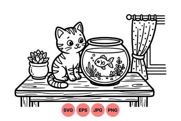 Cute Cat with Fishbowl SVG