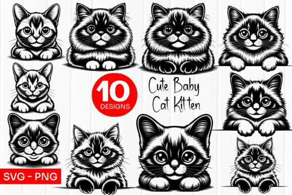 Cute Kitten Faces Bold Outline SVG PNG