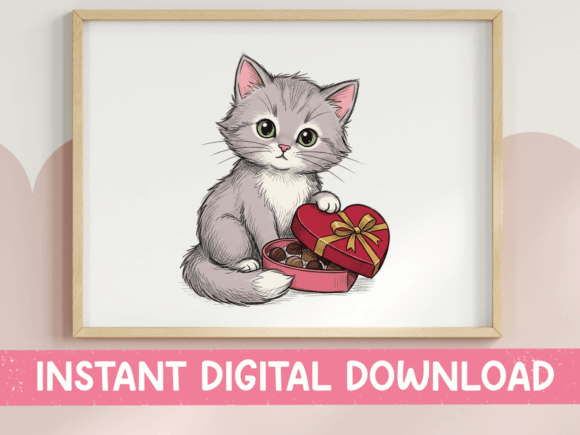 Gray Kitten with Valentine Chocolate Box